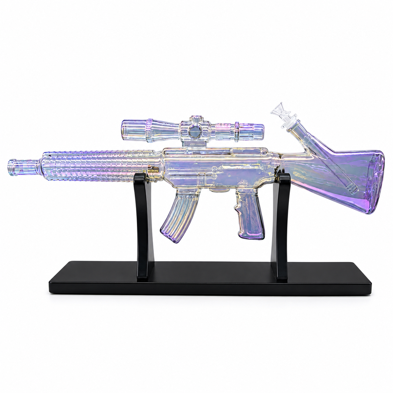 Iridescent Rifle Gun Style Glass Bong Water Pipe with stand