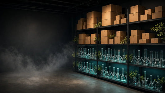 Smoke shop stockroom shelves with boxed inventory and rows of glass bongs