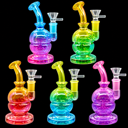 Bent Neck Iridescent Double Bubble Glass Dab Rig Wholesale RK Quality Glass
