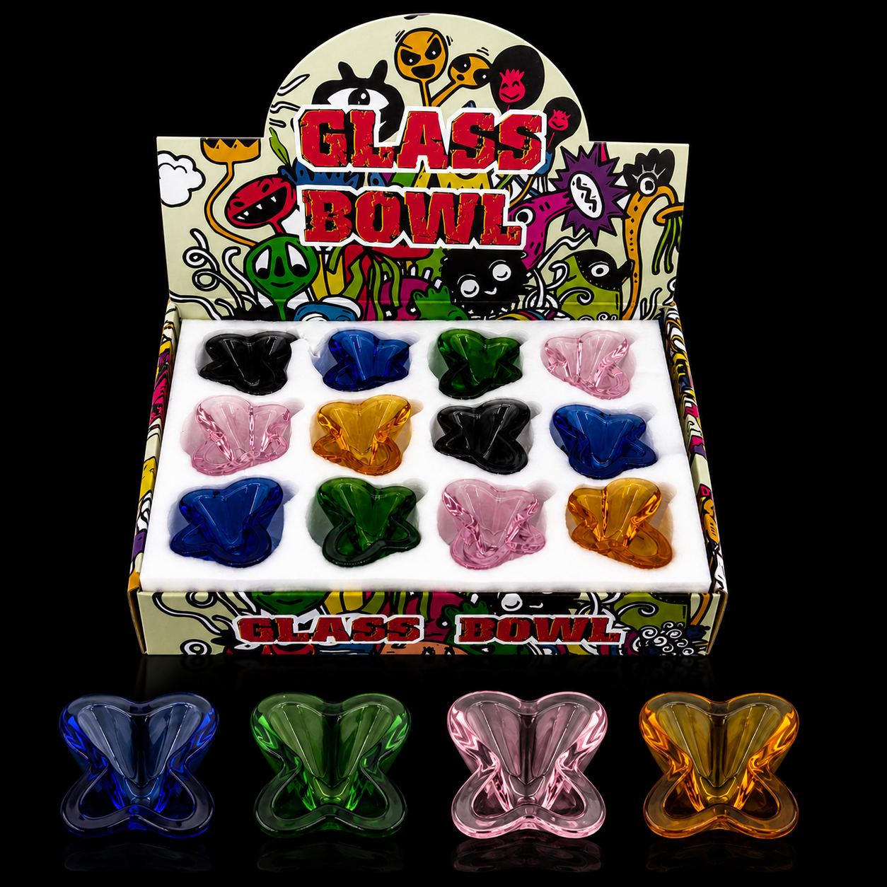 14mm Butterfly Theme Glass Bowl 12-Pack Wholesale RK Quality Glass