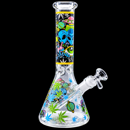 Alien Stoner Beaker Glass Bong with Cannabis Leaf Design