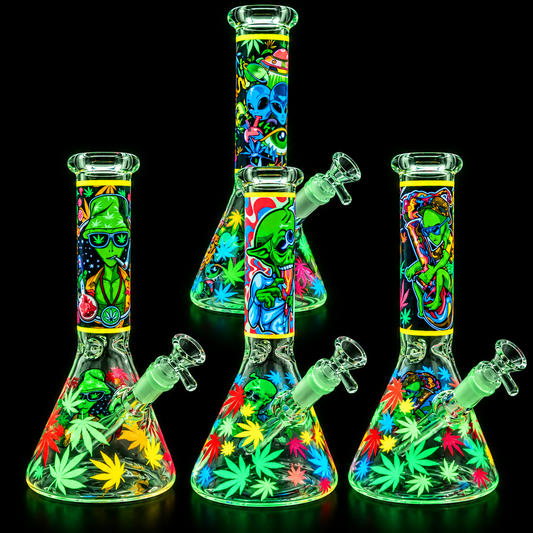 Alien Stoner Beaker Glass Bong with Cannabis Leaf Design