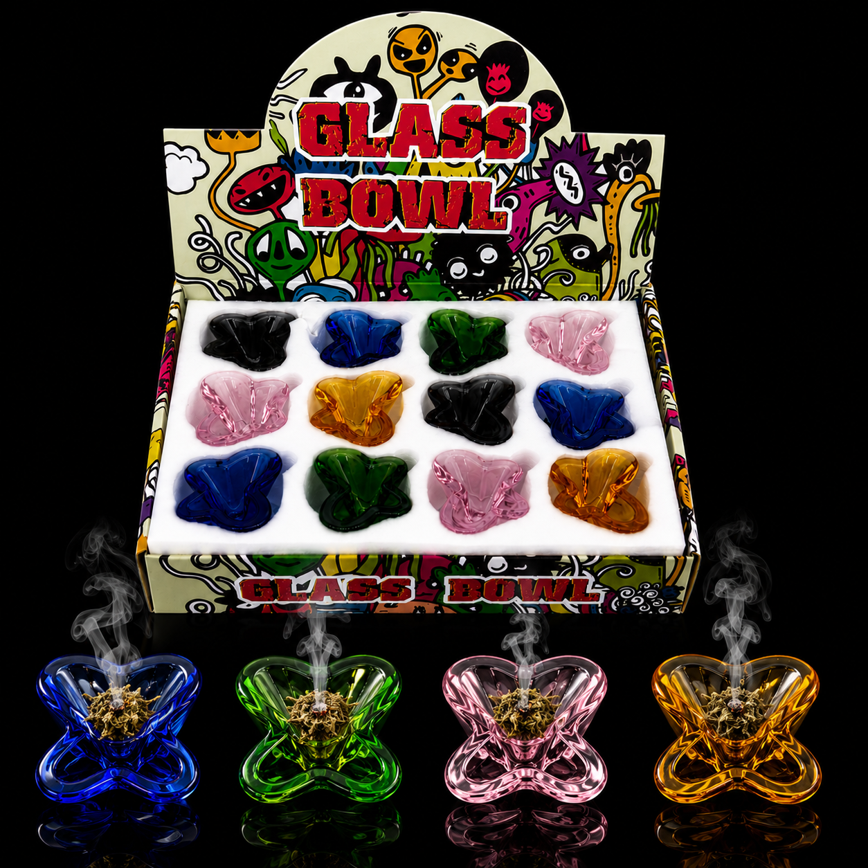 14mm Butterfly Theme Glass Bowl 12-Pack Wholesale RK Quality Glass