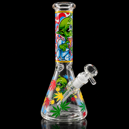 Alien Stoner Beaker Glass Bong with Cannabis Leaf Design