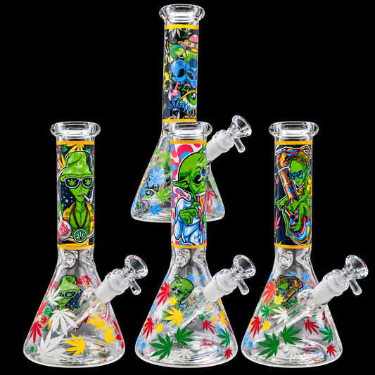 Alien Stoner Beaker Glass Bong with Cannabis Leaf Design