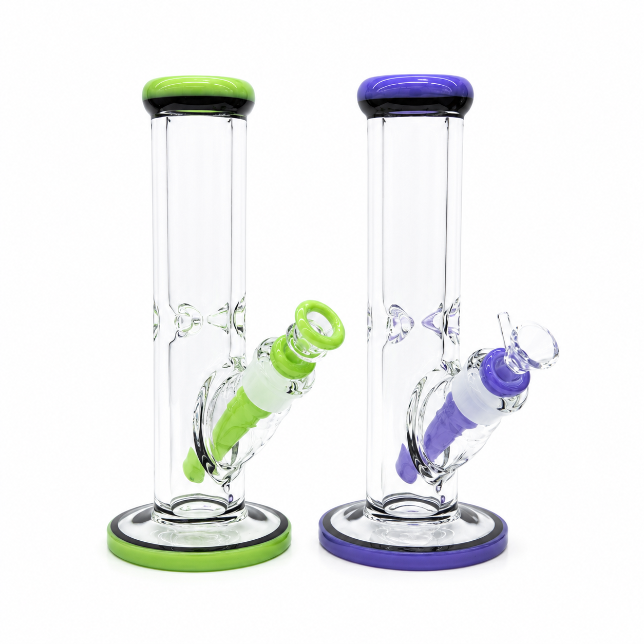 10 Inch 9mm Thick Glass Straight Bong with Colored Accents and Matching Bowl