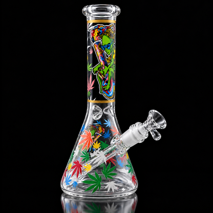 Alien Stoner Beaker Glass Bong with Cannabis Leaf Design