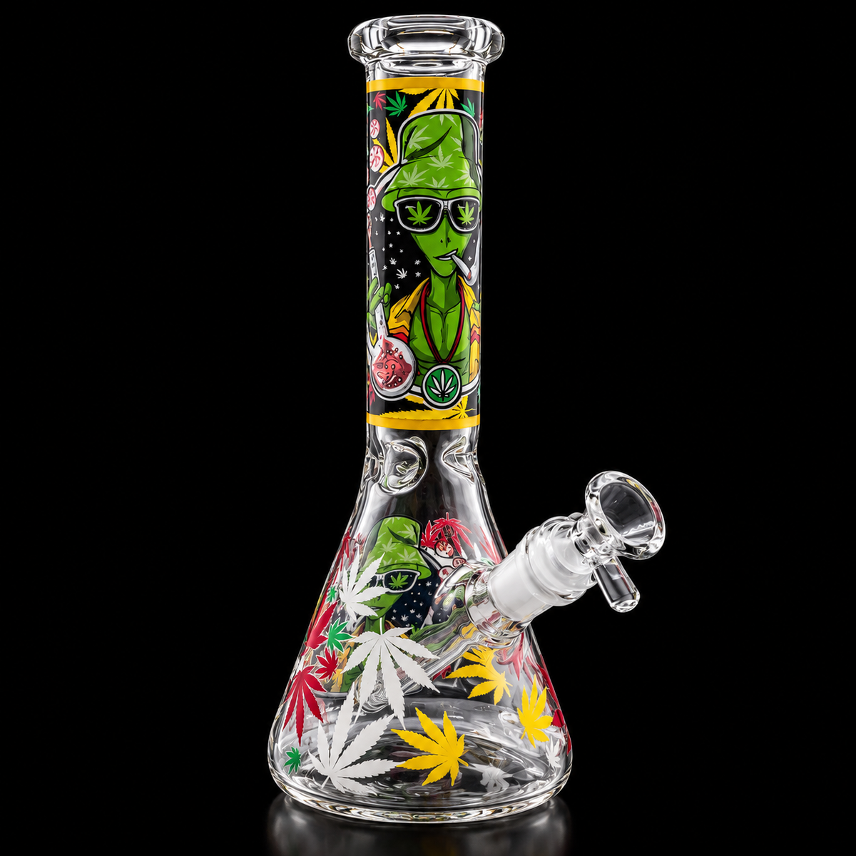 Alien Stoner Beaker Glass Bong with Cannabis Leaf Design