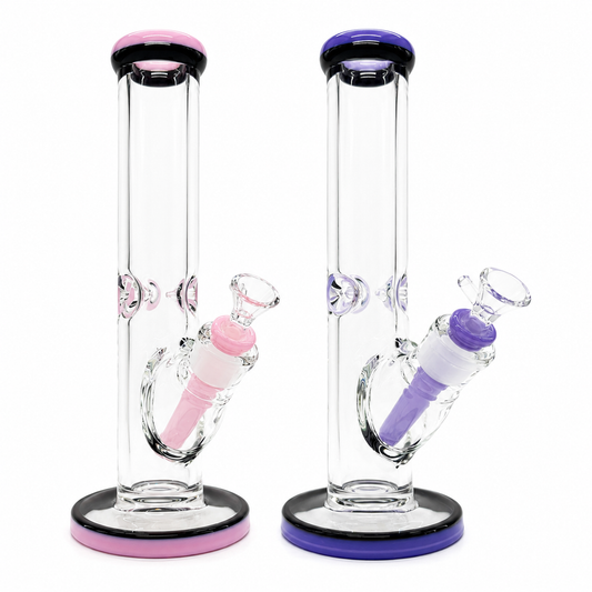 14 Inch 9mm Thick Glass straight Bong with Colored Accents and Matching Bowl