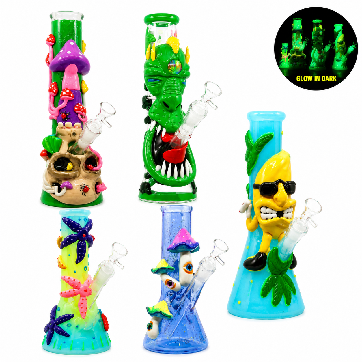 10 INCH GLOW IN DARK HEADDY BEAKER BONG