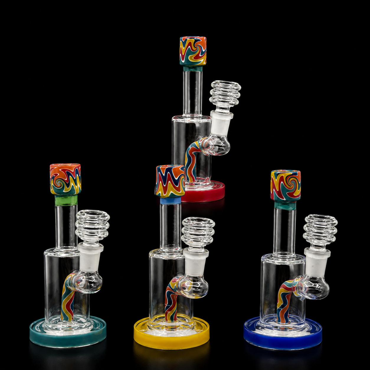 5 Inch Rainbow Swirl Mini Glass Water Pipe with Coil Bowl & Colored Base