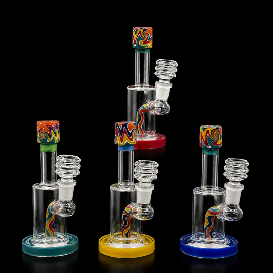 5 Inch Rainbow Swirl Mini Glass Water Pipe with Coil Bowl & Colored Base