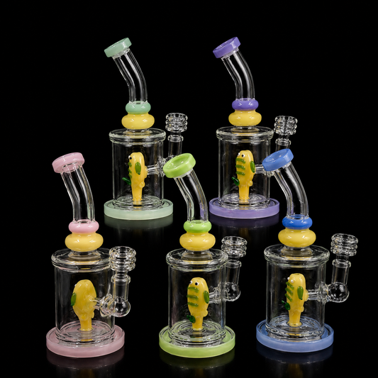 8 Inch Pastel Bee Perc Glass Rig with Bent Mouthpiece