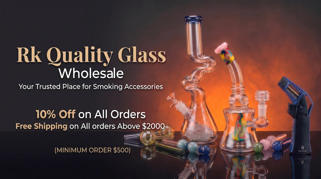Promotional graphic for Rk Quality Glass Wholesale showing several clear glass water pipes and accessories on a reflective black surface against a dark-to-orange gradient background, with large sale text on the left.