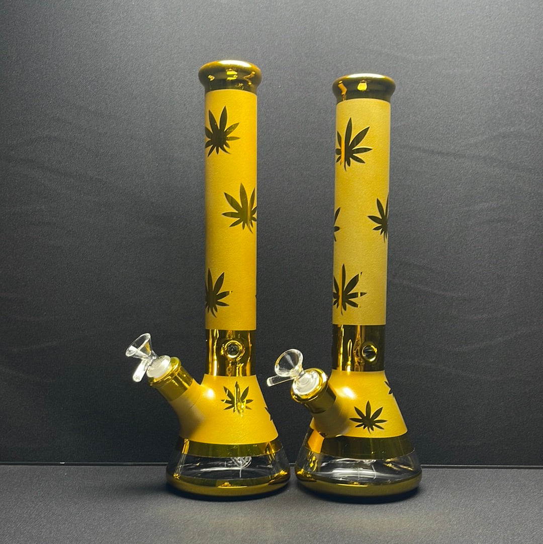 639 RKQG25 16” leaf print golden beaker bong